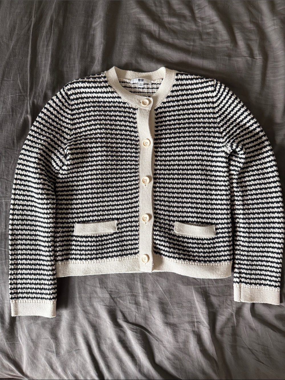 Uniqlo Cream & Black Striped Knit Cardigan